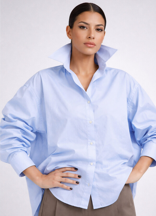 Bebek Mavi Renk Oversize Poplin Gömlek - 2