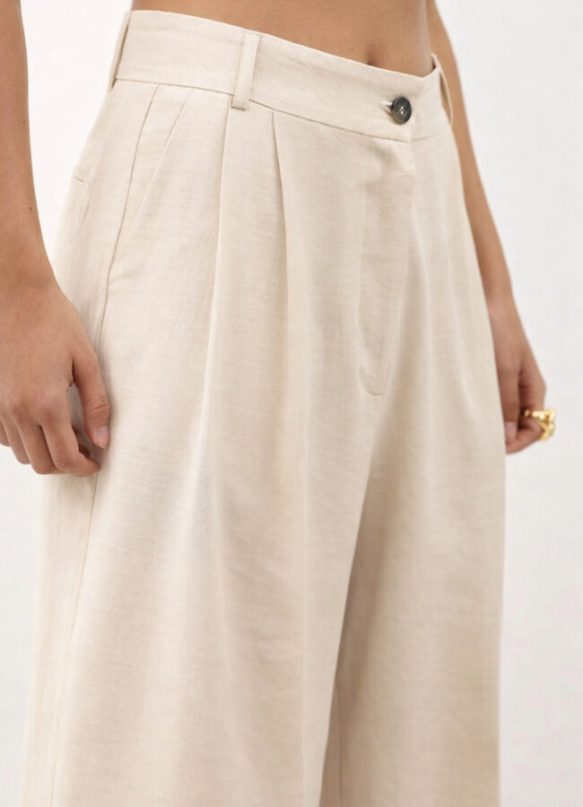 Bej Renk Lyocell Karışımlı Pileli Palazzo Pantolon - 3