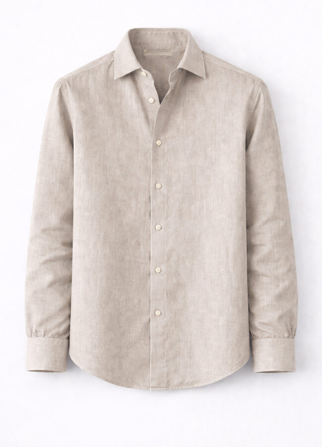 Bej Renk Uzun Kol Keten Gömlek