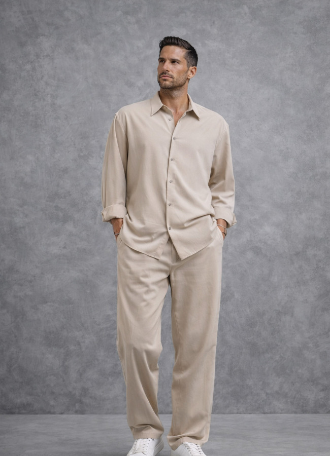 Bej Renk Tencel Karışımlı Gömlek