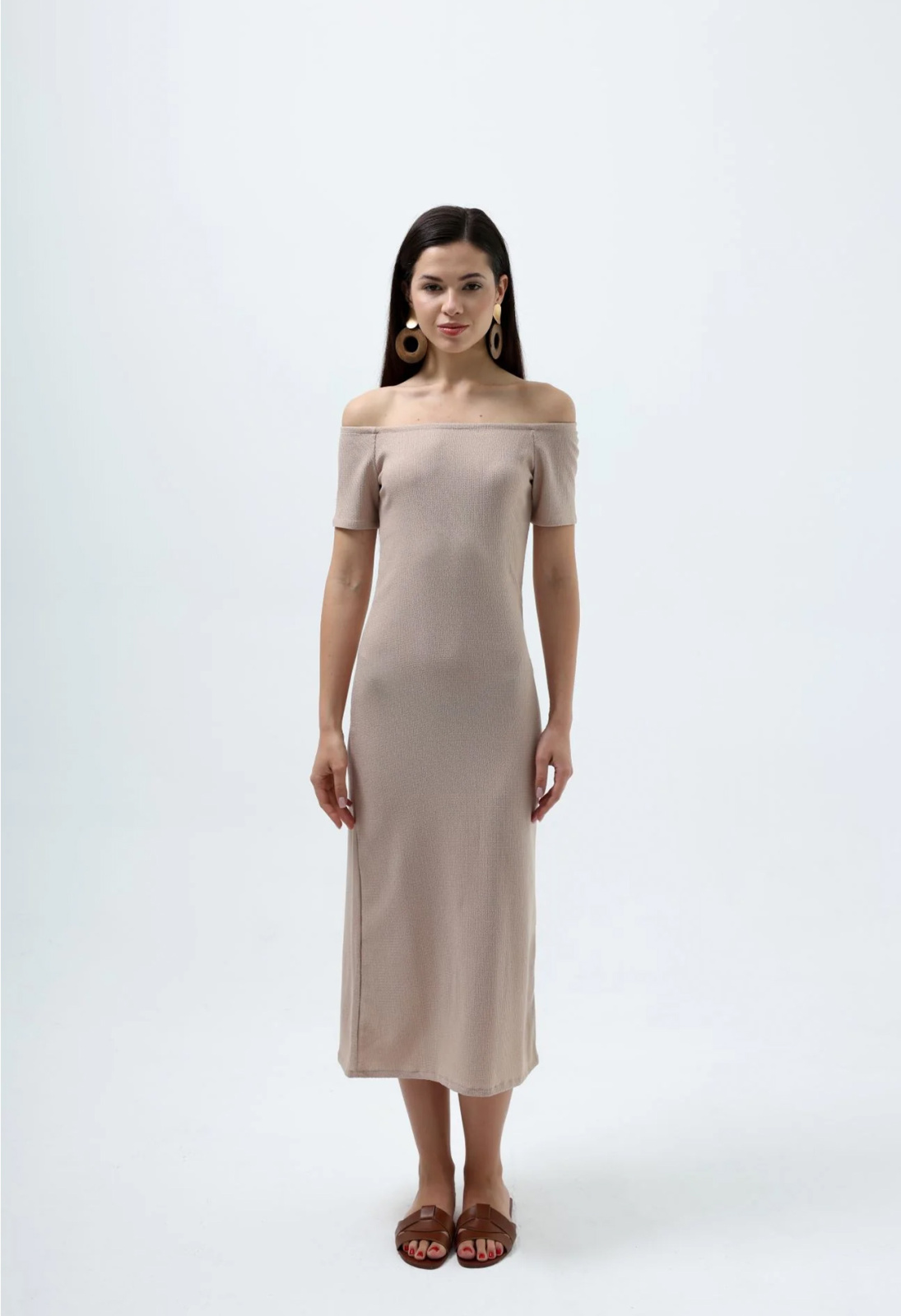 Bej Renk Ocean Midi Dress - Paper Bag