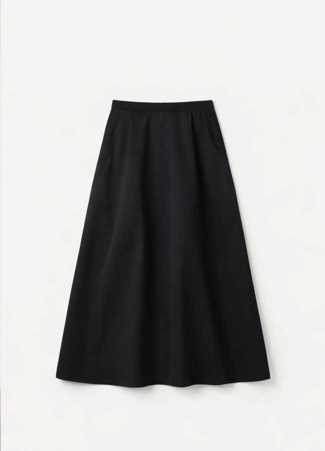 Siyah Renk Poplin Çift Cepli Kloş Etek - 2