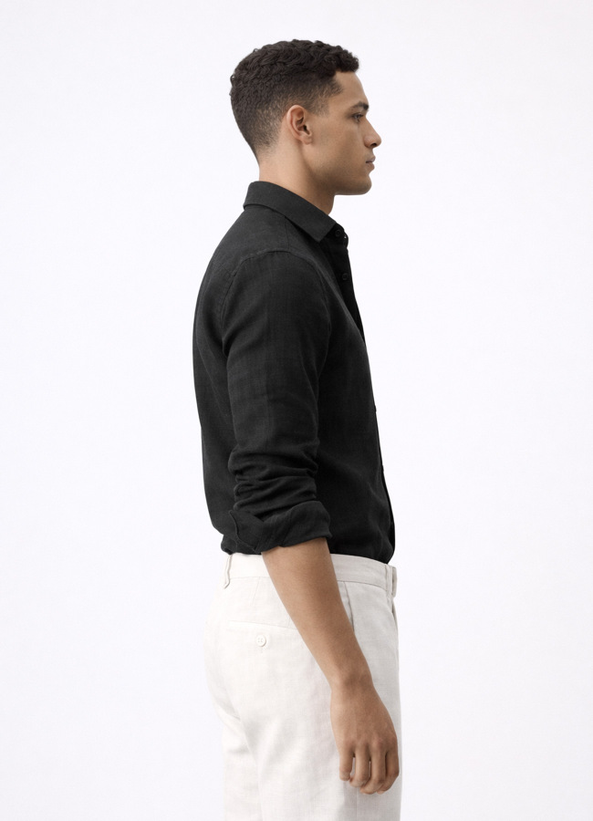 Siyah Renk Uzun Kol Keten Gömlek - 4