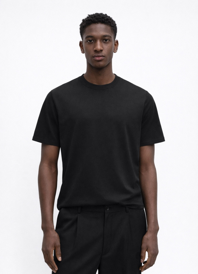 Siyah Renk Pamuk Karışımlı Tişört - 4