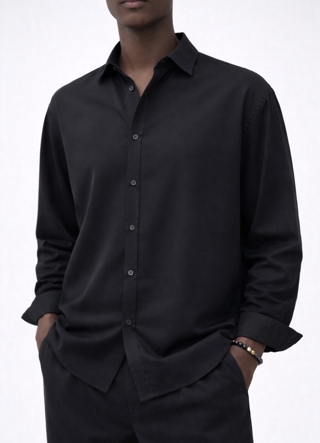 Siyah Renk Tencel Karışımlı Gömlek