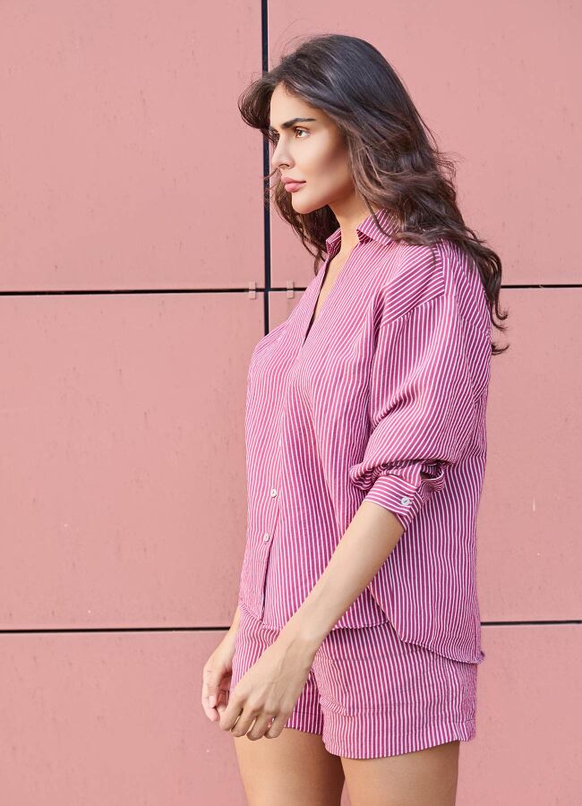 Bordo - Beyaz Renk Çizgili Oversize Modal Gömlek - 2