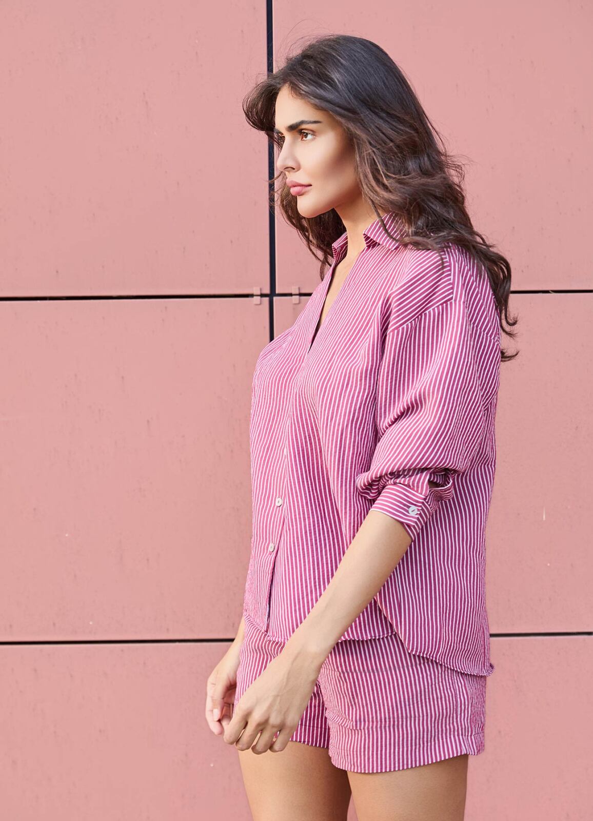 Bordo - Beyaz Renk Çizgili Oversize Modal Gömlek - 2