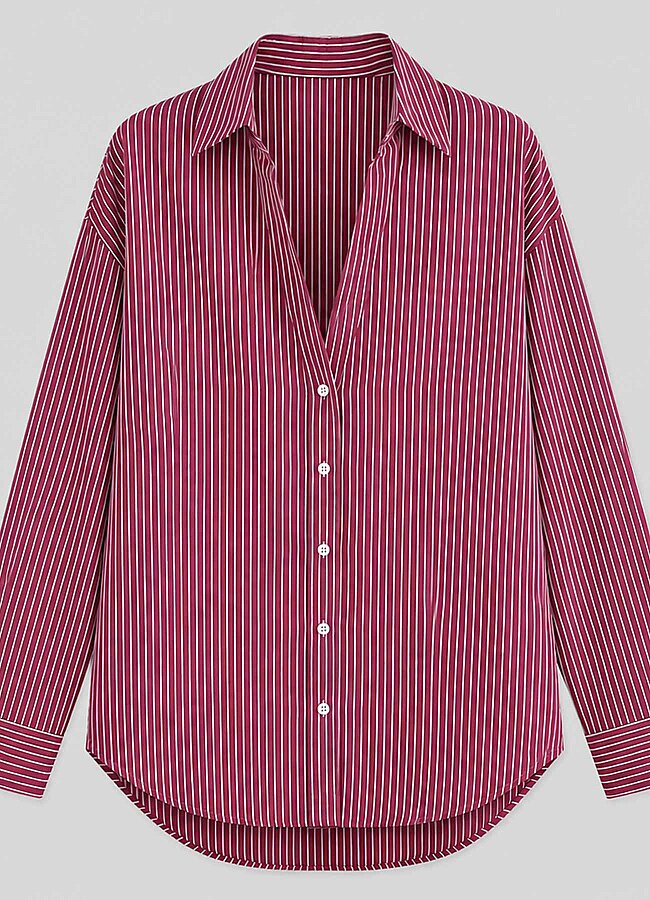 Bordo - Beyaz Renk Çizgili Oversize Modal Gömlek