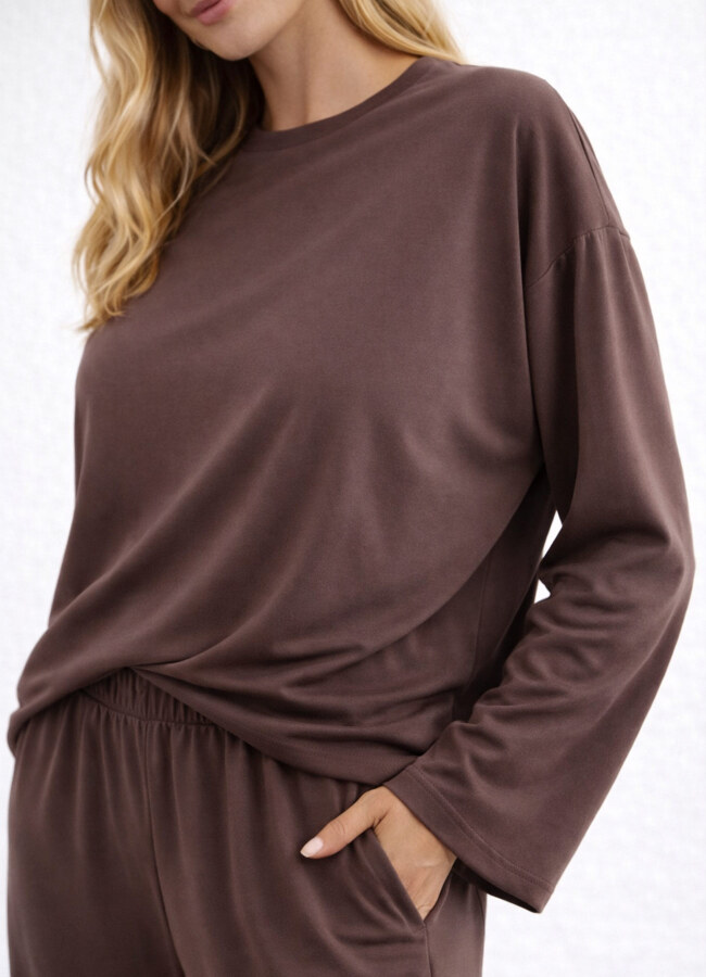 Kahve Renk Modal Karışımlı Bluz - 1