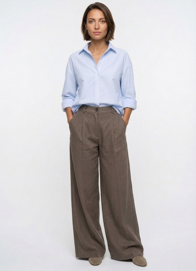 Kahve Renk Lyocell Karışımlı Pileli Palazzo Pantolon - 2