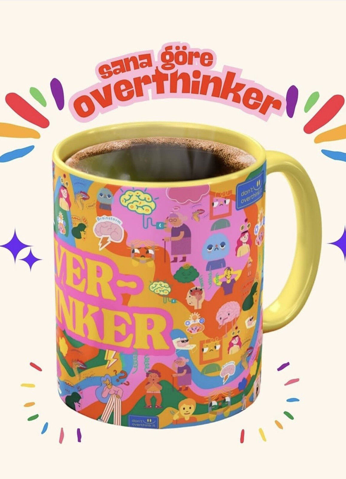 Çok Renkli "Overthinker" Temalı Özel Tasarım Porselen Kupa - 2