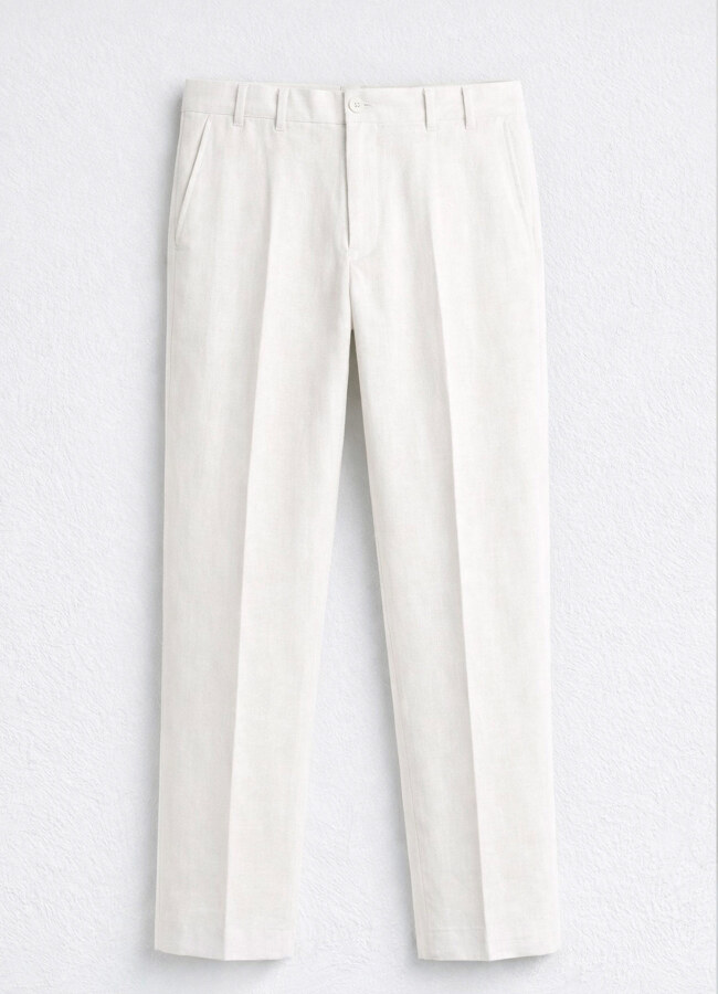 Ekru Renk Lyocell Karışımlı Pileli Pantolon