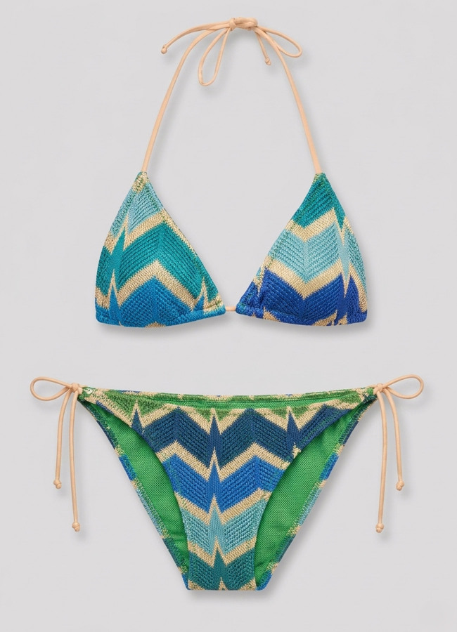 Etnik Desenli TURKUAZ Renk Desenli Üçgen Bikini Takım