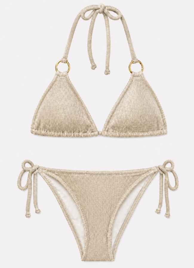 Gold Renk Simli Fitilli Üçgen Bikini Takım