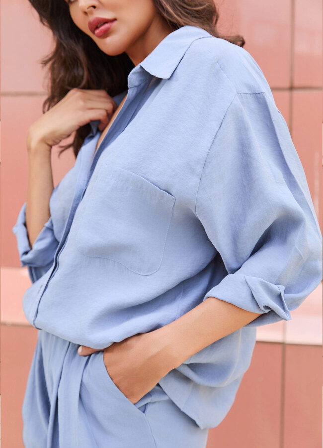 Gri / Mavi Renk Modal Karışımlı Oversize Gömlek