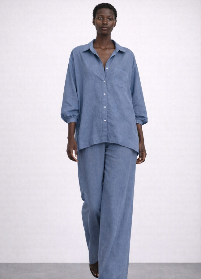 Gri / Mavi Renk Modal Karışımlı Oversize Gömlek - 4