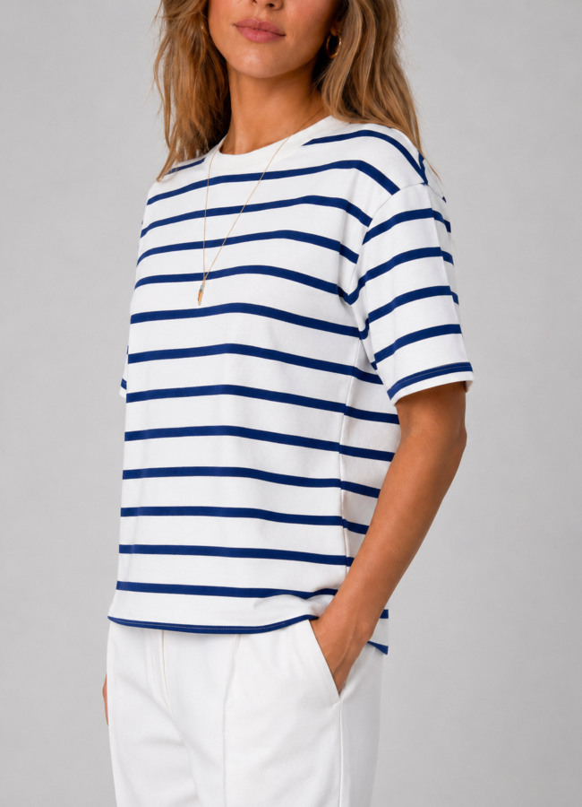 Lacivert Çizgili Bisiklet Yaka T-Shirt - 2