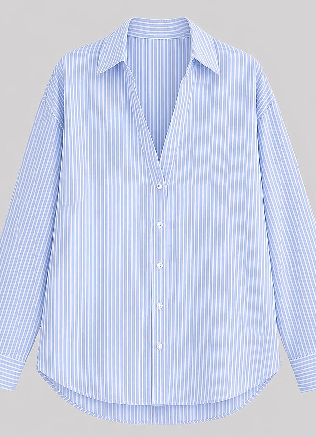 Mavi - Beyaz Renk Çizgili Oversize Modal Gömlek