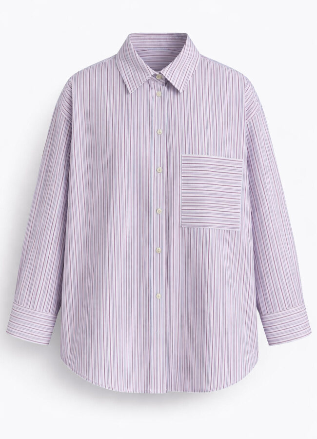 Mavi - Bordo Renk Çizgili Poplin Oversize Gömlek