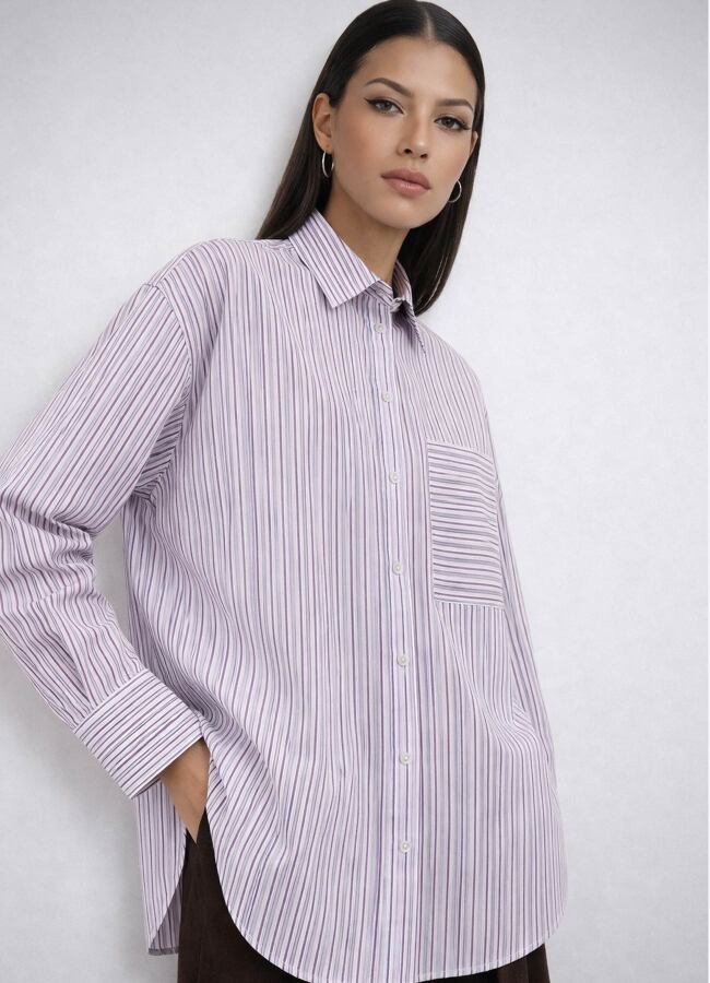 Mavi - Bordo Renk Çizgili Poplin Oversize Gömlek - 3