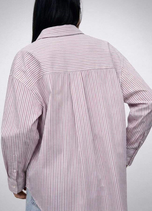 Mavi - Bordo Renk Çizgili Poplin Oversize Gömlek - 4
