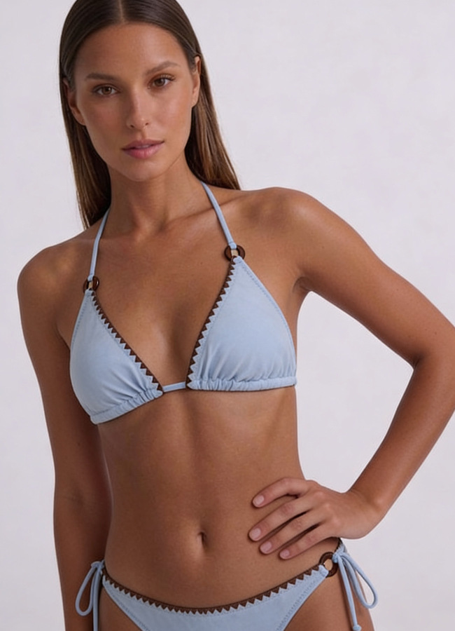 Mavi Renk Süet Görünümlü Üçgen Bikini Takımı - 3