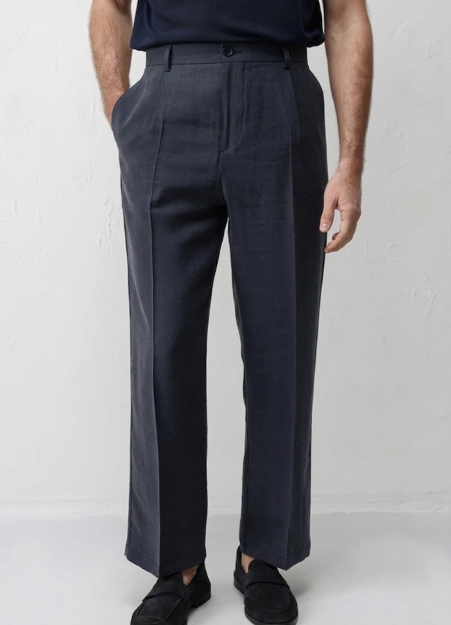 Lacivert Renk Lyocell Karışımlı Pileli Pantolon