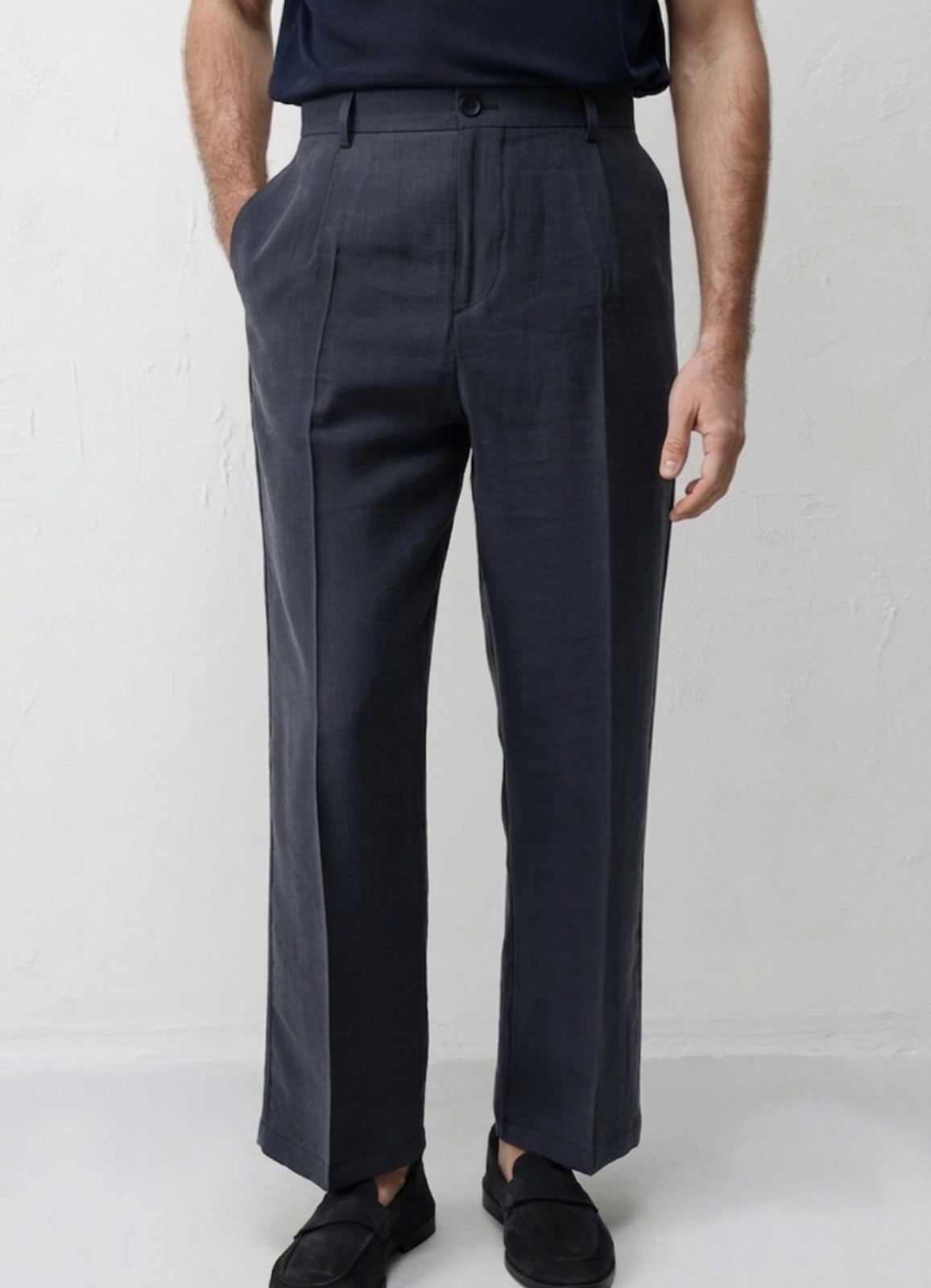 Lacivert Renk Lyocell Karışımlı Pileli Pantolon