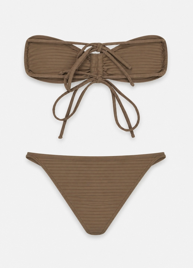 SÜTLÜ KAHVE Renk Dokulu Straplez Bikini Takımı - 2