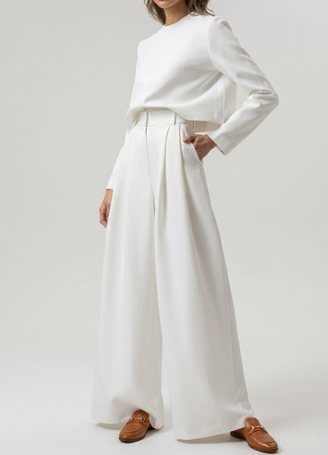 Beyaz Renk Yüksek Bel Örme Palazzo Pantolon - 2