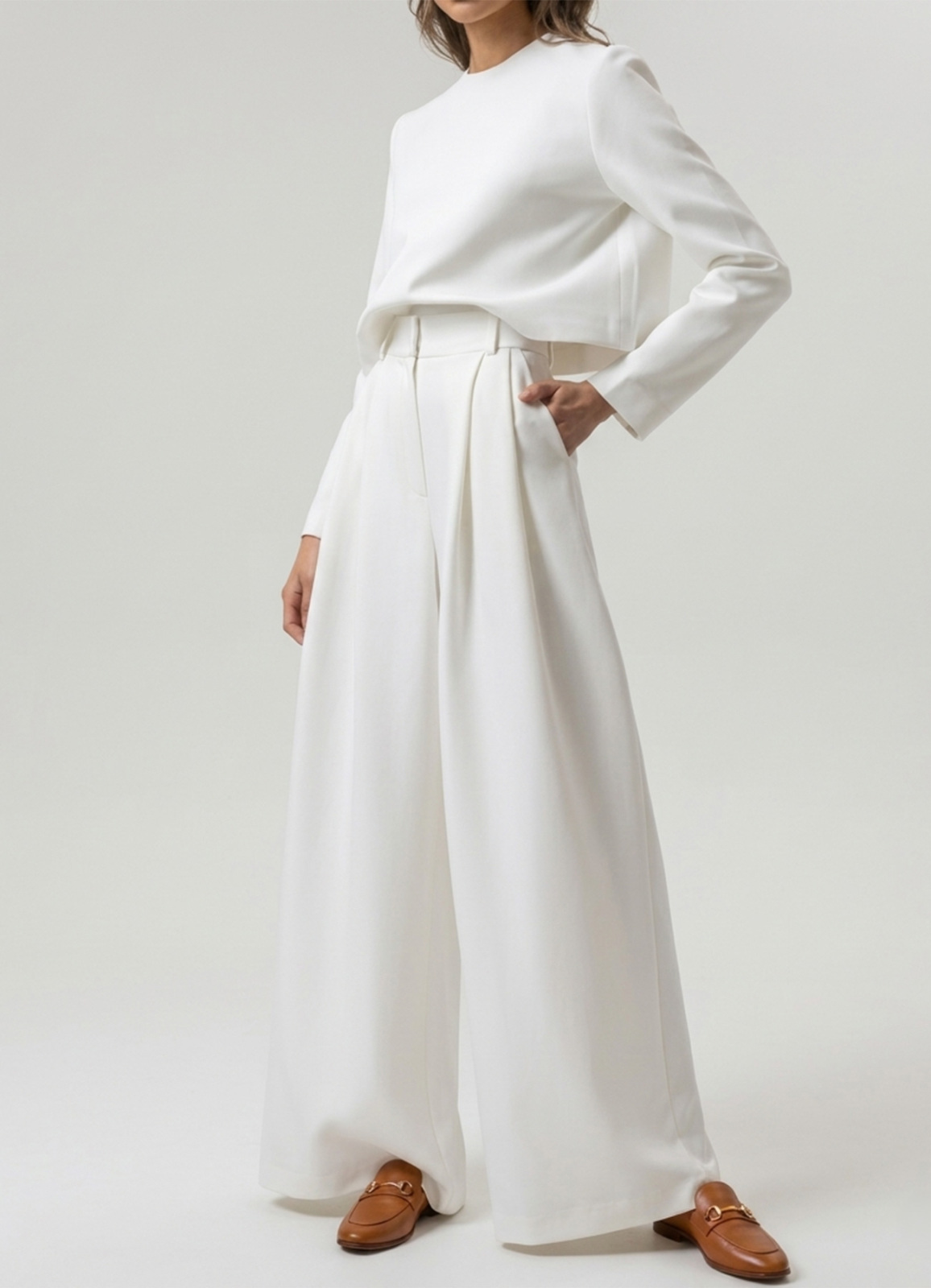 Beyaz Renk Yüksek Bel Örme Palazzo Pantolon - 2