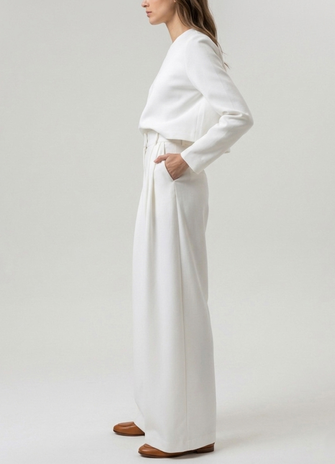 Beyaz Renk Yüksek Bel Örme Palazzo Pantolon